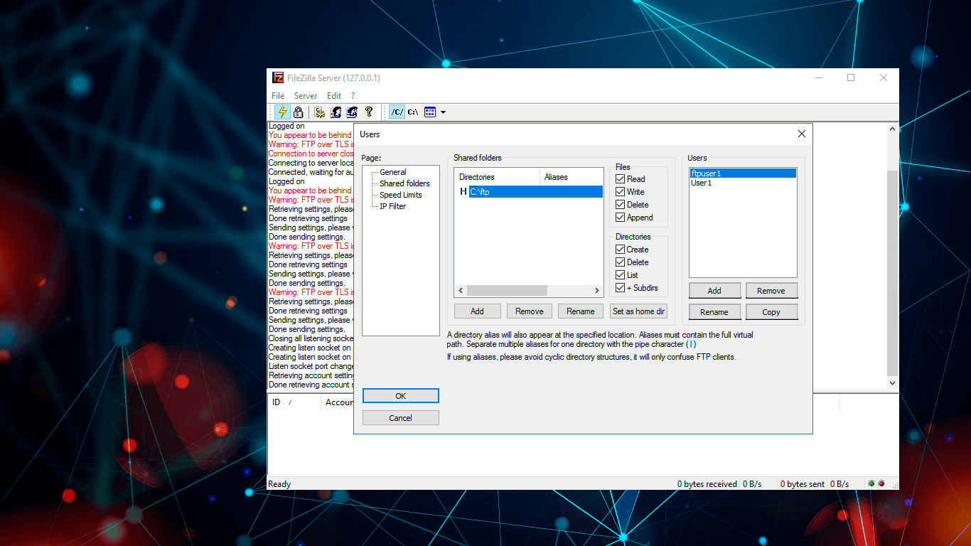 Add local users in FileZilla Server settings