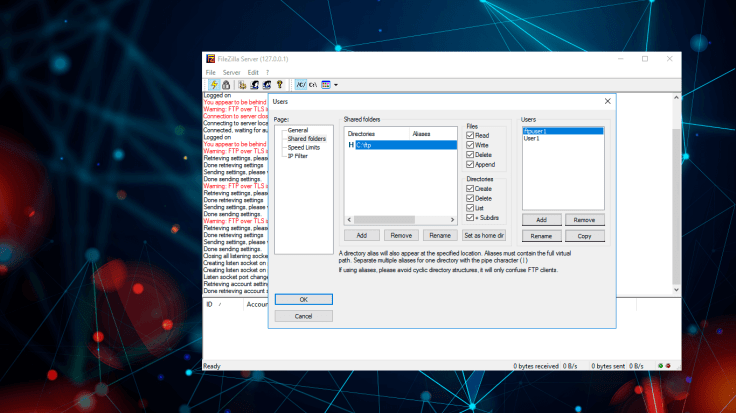 Add local users in FileZilla Server settings