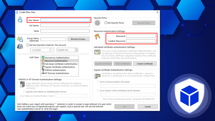 Insert the user's name, full name and password in the corresponding fields